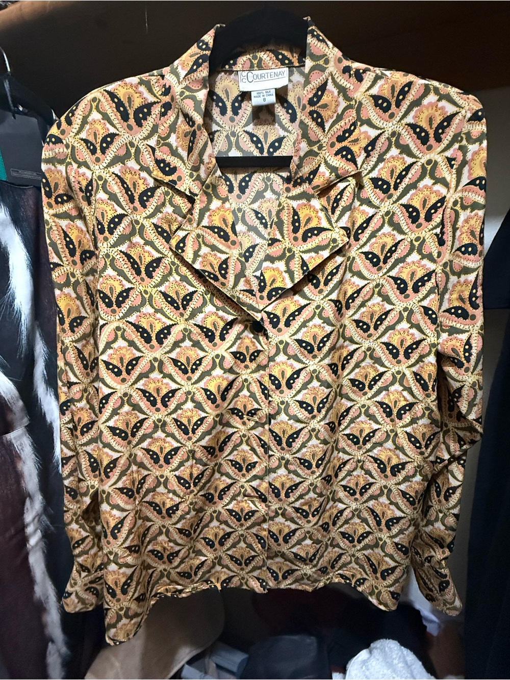 Vintage 80’s Courtenay Silk Paisley Button-Front Top in Gold, Black and Pink